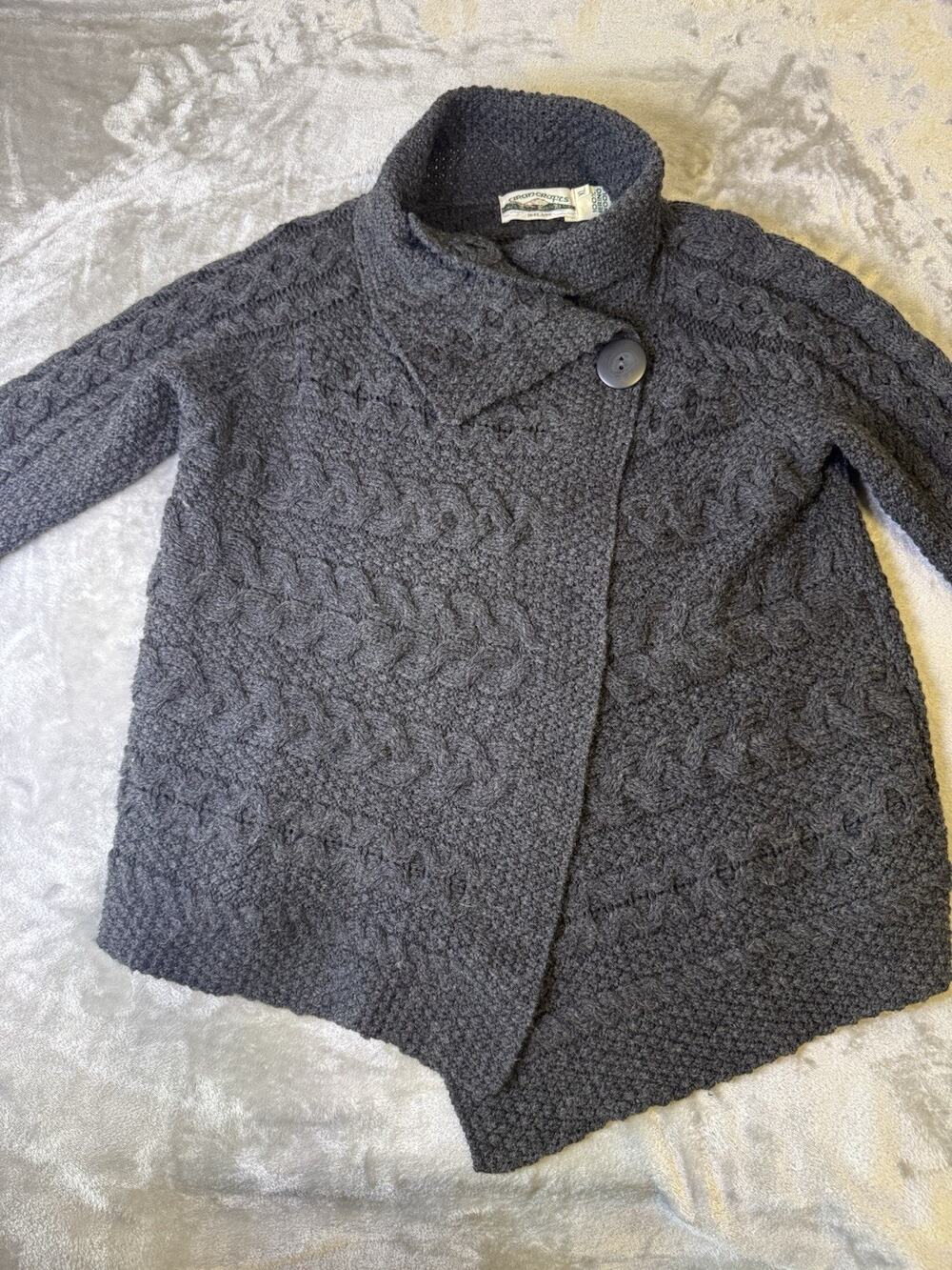 Aran Crafts Sweater Cardigan Womens Xl Gray Cable Knit Mock Neck Merino Wool